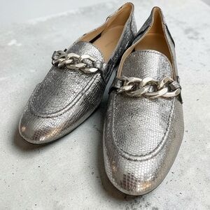 Donald Pliner Bethany Silver Metallic Flat Loafer Silver Chain Hardware 41/US 10